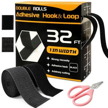 Imagem de Tiras de gancho e laço de 32 pés × 2,5 cm com adesivo, 2 rolos pretos autoadesivos de dupla face, fita adesiva para tecidos, fita adesiva de nylon para escritório em casa, escola e artesanato