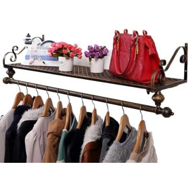 Imagem de Trilho De Roupas Montado Na Parede - Trilho De Parede Pesado Retro Com Trilho De Armazenamento De Roupas Destacável - Perfeito Para Lojas Domésticas, Brown, 60x28cm