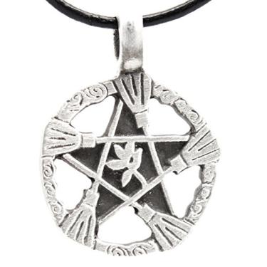 Imagem de Colar de couro com pingente de vassoura de bruxa de estanho, Pentagrama pagão, Wiccan Pentacle, da Trilogy Jewelry