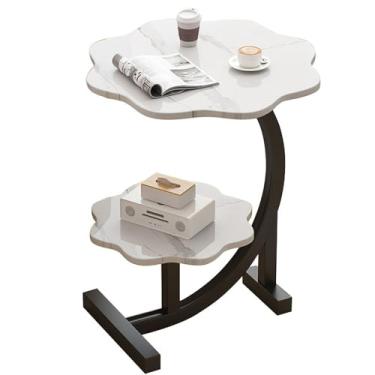 Imagem de Mesa de centro em forma de C, mesa decorativa de pétala de cabeceira estilo country, mesa de centro pequena de cabeceira auxiliar/mesa lateral em forma de flor Mesitas para sala (camada dupla, mármore