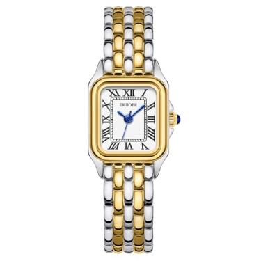 Imagem de TKIIOER Relógios pequenos dourados para mulheres, relógios femininos vintage com mostrador romano, caixa retangular, relógio analógico feminino, Ouro, prata, branco, Relógio dourado e prata