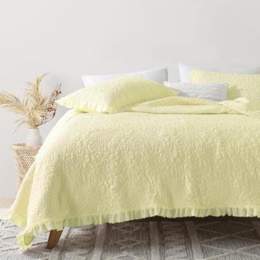 Imagem de Conjunto de cama king com babados amarelo claro, microfibra lavada, leve, enrugada, rústico, chique gasto, 3 peças de colcha reversível com fronhas para todas as estações