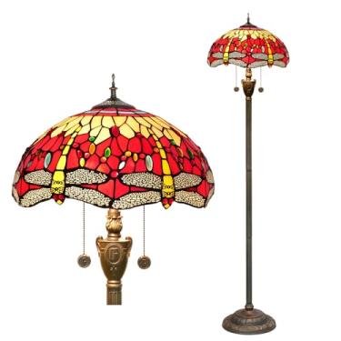 Imagem de Blivuself Tiffany Candeeiro de chão Dragonfly vermelho vitral luz brilhante iluminação rústica lâmpada de pé vintage exclusivo bronze lâmpada de canto de leitura para decoração de casa, sala de estar