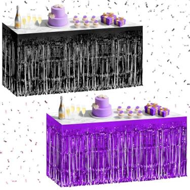 Imagem de Pacote com 2 saias de mesa pretas roxas escuras, 73,7 x 274,3 cm, saia de mesa com franja metálica de 73,7 x 274 cm para mesas retangulares, decorações de festa para aniversários, casamentos, feriados