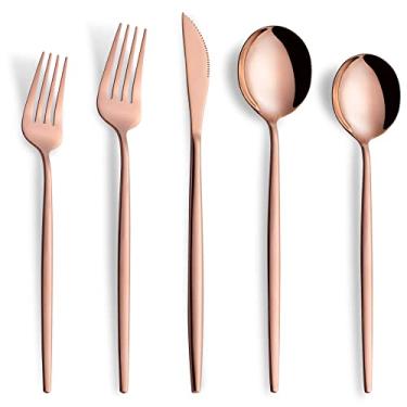 Imagem de Joincook Conjunto de talheres de cobre de 20 peças, conjunto de talheres de aço inoxidável portátil para 4 incluindo garfos, colheres e facas, conjunto de utensílios de cozinha, utensílios de mesa para casa e restaurante, lavável na lava-louças