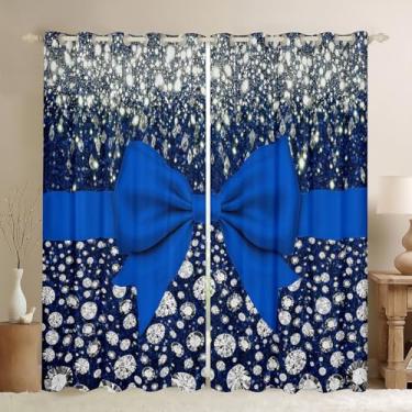Imagem de Cortinas blecaute com laço azul Kawaii laço nó cortinas 2 painéis 106 cm L L x 213 cm C, cortinas de fita de seda e cortinas glitter lantejoulas impressão diamante janela, sonhador estilo princesa