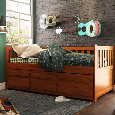 Imagem de Bicama Reta Solteiro Castanho Claro 3 Gavetas Madeira Pinus - Saraiva