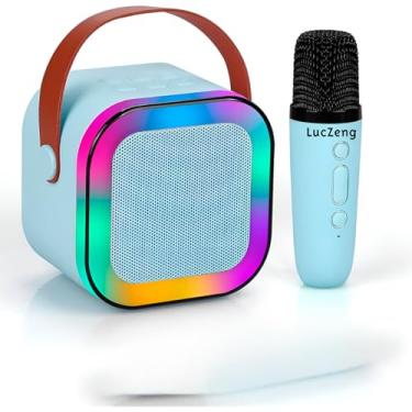 Imagem de Caixinha de Som Bluetooth 5.0 com Microfone e Luzes RGB, 5W, Karaokê Portátil, Bateria 1200mAh, Suporta Cartão TF e USB, 9x9x7cm, Cor Rosa (Azul)