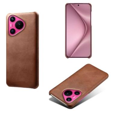 Imagem de Capa para Huawei Pura 70,Proteção contra quedas,Casca de volta de cor sólida simples,Design de couro de imitação de plástico-Brown