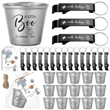 Imagem de Vesici 50 conjuntos de lembrancinhas de chá de bebê para meninas e meninos 42,5 g copos de shot de aço inoxidável fofos chaveiros abridores de garrafas etiquetas de agradecimento sacos de gênero