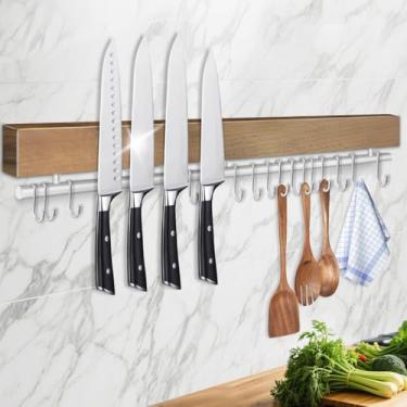 Imagem de Suporte magnético de faca de 58 cm para parede – tira magnética de madeira Pailexin sem broca com 15 ganchos/fita adesiva/parafusos, suporte de utensílios de cozinha, organizador magnético de faca