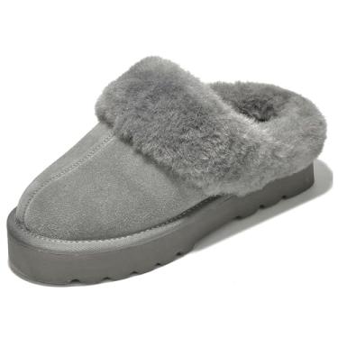 Imagem de Project Cloud Chinelos de plataforma femininos resistentes à água camurça genuína confortável mule - chinelos confortáveis de moda interna ou externa com forro de pele e acolchoamento de espuma de memória, disquete de tamanco fofo e felpudo (neve), Cinza, 7