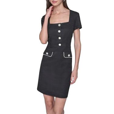 Imagem de Karl Lagerfeld Paris Vestido feminino manga curta stretch textura tweed evasê, Preto, 48