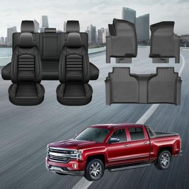 Imagem de TTX LIGHTING Conjunto de capas de assento e tapetes de chão para Chevy Silverado GMC Sierra 1500 2500HD 3500HD 3500HD Trail Boss Z71 Crew Cabine dupla impermeável conjunto completo (preto)