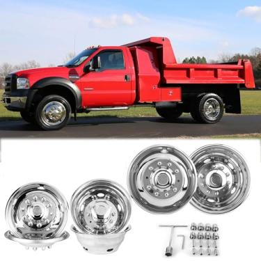 Imagem de Puermto 4pcs 19,5 "calotas de 10 lug em aço inoxidável polido simuladores de roda dupla, parafuso de aparência agradável e durável na tampa da roda, com kit de ferramentas completo compatível com 20
