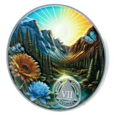 Imagem de Leafence Moeda AA Sobriedade Serenidade Oração Recuperação Chip Montanha e Natureza Design Medalhão AA Inspirador Sobriedade Token para Marcos de Recuperação (Crepúsculo Montanha Nascer do Sol, 7 Anos