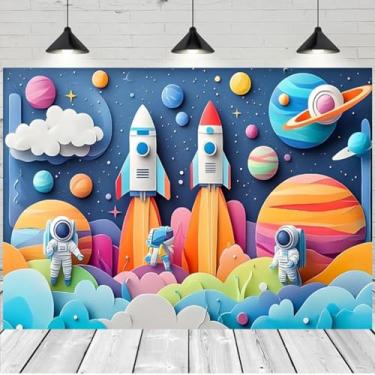 Imagem de Espaço feliz aniversário pano de fundo astronauta foguete explosão planeta terra fotografia fundo crianças menino decoração festa de aniversário banner adereços para foto (B, 2,8 x 1,5 m)