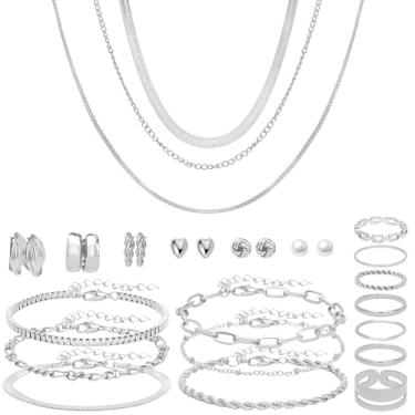 Imagem de NEWITIN Conjunto de 28 peças de joias de ouro para mulheres moda bijuteria banhado a ouro colar pulseira anel conjunto de brincos para mulheres, Adjustable, Metal, Sem Pedra Preciosa