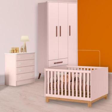 Imagem de Berço Mini Cama Slim, Cômoda e Guarda Roupa Retrô Rosa - Qmovi