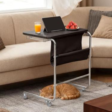 Imagem de Mesa de Centro Retro, Mesa de Centro Escritorio Portatil com Gaveta e Rodas Travas,Mesa de Apoio para Quarto (Preta)