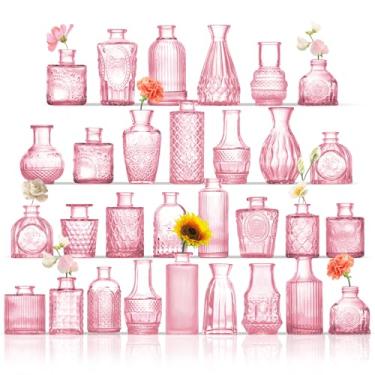 Imagem de ROLLSCERAY Vasos Bud a granel 30, vaso pequeno para flores, vaso de flores pequeno para centros de mesa, vasos de vidro rosa para centros de mesa, mini vasos vintage para decoração de mesa de