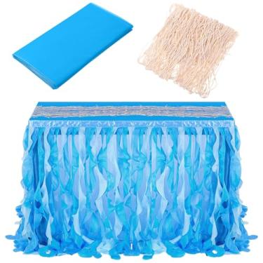 Imagem de Newwiee 3 Pcs Nautical Themed Party Decoration 6ft Tulle Ruffle Curly Table Skirt Fishnet Plastic Tablecloth Ocean Themed Party Table Decoration for Mermaid Baby Shower Birthday Decor(Blue)