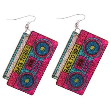 Imagem de Brincos femininos dos anos 80, vintage, fita cassete de acrílico, brincos pendurados, brincos coloridos de rádio faísca dos anos 70, 80, 90, roupas brilhantes para festa, Large, Plástico, Sem pedra