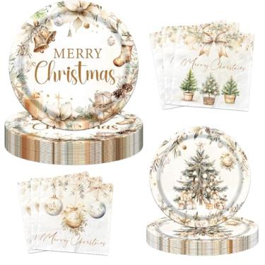 Imagem de Pratos e guardanapos de papel de Natal, conjunto de pratos de Natal vintage, pratos e guardanapos descartáveis de Feliz Natal para decorações de festa de Natal, suprimentos de festa de fim de ano,