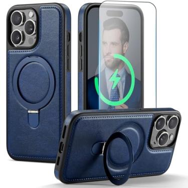 Imagem de CHEEWADA Capa compatível com iPhone 13 Pro com suporte, compatível com MagSafe, couro PU fino e capa protetora de TPU durável à prova de quedas com protetor de tela de vidro temperado de 6,1 polegadas