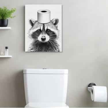 Imagem de Arte de parede engraçada de papel higiênico guaxinim em tela de banheiro, pinturas emolduradas de guaxinim, decoração de parede, imagem humorística de animal para casa, sala de estar, banheiro