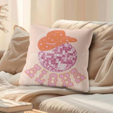 Imagem de Capas de almofada Coquette rosa bola de discoteca ocidental 45,7 x 45,7 cm, decoração de quarto de cowgirl, decoração de quarto de coquette, capas de travesseiro de chapéu de cowboy ocidental moderno