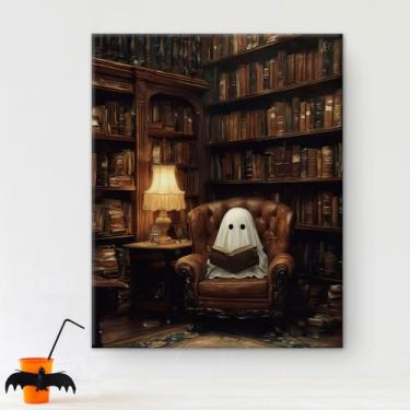 Imagem de Vintage Ghost Library Halloween Arte de parede fantasma assustador leitura pôster Dark Academia Halloween decoração de parede para biblioteca sala de estar quarto 20 x 25 centímetros