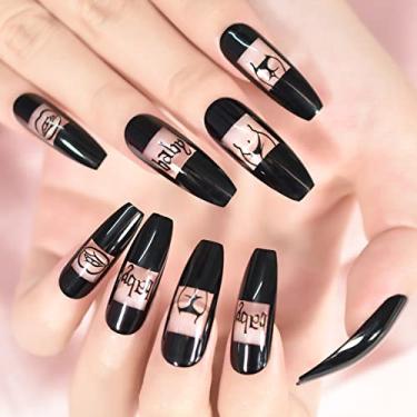 Imagem de Unhas postiças longas em forma de balé com designs elegantes - Biquíni de verão preto unhas de acrílico para mulheres - Dicas artificiais de cobertura completa ferramentas incluídas - Perfeito para