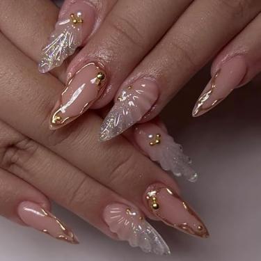 Imagem de Unhas falsas francesas de amêndoa média com design dourado 3D com glitter cobertura completa cola em bastão falso artificial em unhas de acrílico para mulheres, 24 peças