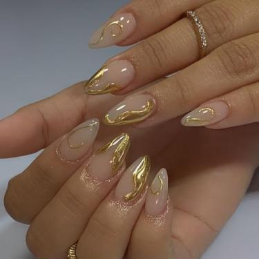 Imagem de Kit de unhas curtas médias amêndoas douradas falsas com design irregular francês, prensas 3D de acrílico artificial, cobertura completa, bastão falso na unha para mulheres, uso diário, manicure de