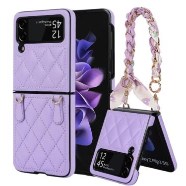Imagem de Pulseira capa de couro para samsung galaxy z flip 4 3 5g flip4 flip3 lenço de seda corda alça de pulso capa fosca, roxo, para samsung z flip 3