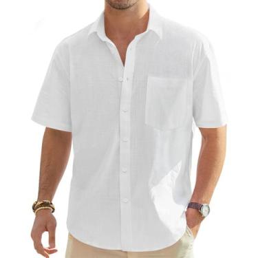 Imagem de Camisa masculina J.VER Linen casual de manga curta branca 5XL