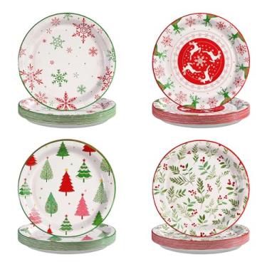 Imagem de Greencian 120 peças, pratos de papel de Natal, 25,4 cm, resistentes, rena, sobremesa, floco de neve, folhas de azevinho, decorações de festa para inverno, Natal, férias, festas, suprimentos