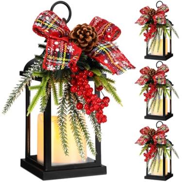 Imagem de Kittmip 4 peças de lanterna decorativa de Natal, lanternas de vela de 25,4 cm com vela cintilante LED sem chama, arco xadrez, decoração para pendurar no feriado, mesa de varanda, decoração de festa de