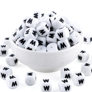 Imagem de HHCFAST Contas de silicone do alfabeto letra M quadradas brancas de 12 mm, 20 peças de contas de silicone com número de coração de cubo para fabricação de chaveiros, ideal para colar, pulseiras e