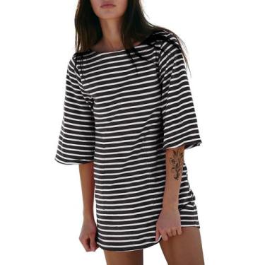 Imagem de Camiseta feminina EXLURA, listrada de verão 2025, preta e branca