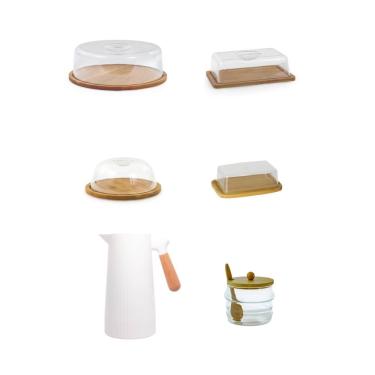 Imagem de Kit Garrafa Térmica + Boleira + Queijeira + Porta Frios + Manteigueira + Açucareiro Bambu