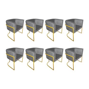 Imagem de Kit 8 Poltronas Decorativa Sala De Estar Base De Ferro Dourada Veludo Cinza