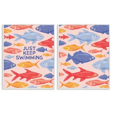 Imagem de Stupell Industries Just Keep Swimming Motivating Fish 2 peças cinza emoldurado conjunto de arte giclée, design por The Paper Curator, 14 x 11