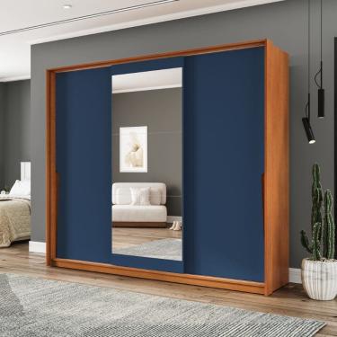 Imagem de Guarda Roupa Roupeiro 3 Portas de Correr 4 Gavetas com Espelho Porto Freijó Azul Politorno Móveis