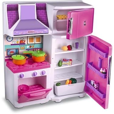 Imagem de Cozinha Infantil Completa Rosa, Brinquedo Educativo com Fogão, Geladeira e Coifa