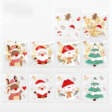 Imagem de Pacote com 100 sacos de guloseimas de Natal, sacos autoadesivos de celofane de 12 x 10 cm com desenhos natalinos para doces, biscoitos, lembrancinhas de festa