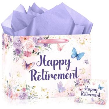 Imagem de Innovoscape Bolsa de presente Happy Retirement, grande roxa e prata, com papel de embrulho e cartão para mulheres, decorações de despedida de festa (borboleta)
