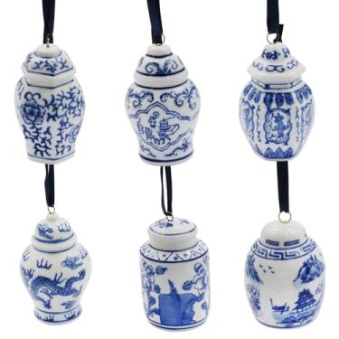 Imagem de 6 peças mini jarra de gengibre chinoiserie porcelana decoração pendurada azul e branco árvore de cerâmica pingente ornamentos festa de aniversário, Natal, casamento e decoração de casa (branco e
