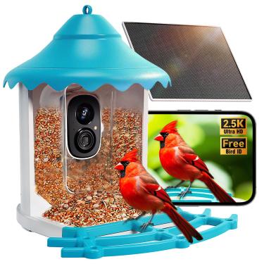 Imagem de CINMOORE Alimentador inteligente de pássaros com câmera alimentado por energia solar - WiFi de 2,4 G, 4 MP AI Identify Bird, à prova de esquilos, bateria recarregável sem fio, impermeável, 2L,